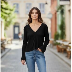 NWT OGL Jacquard Thermal Rib Flare Sleeve Front Hook Cardigan Black Size Medium